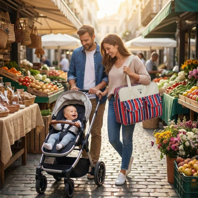 Maman sac a langer de luxe beige rayures tissu jute marché famille ville