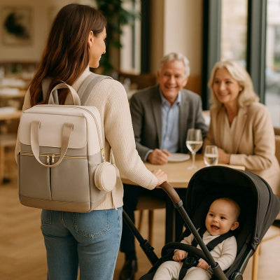 Maman arrivant restaurant portant sac a langer de luxe stylé blanc marron poches spacieuses 