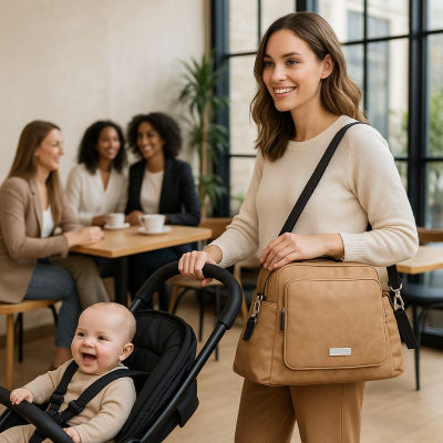 Maman arrivant restaurant poussette bébé portant épaule sac a langer de luxe caramel sangles clips ajustables