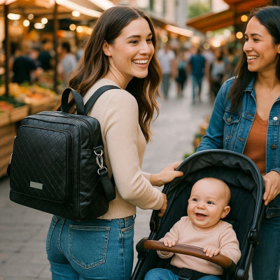 Maman promenade ville poussette bébé portant dos sac a langer de luxe raffiné noir mains-libres 