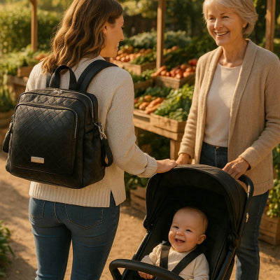 Maman promenade marché poussette bébé portant dos sac a langer de luxe noir robuste