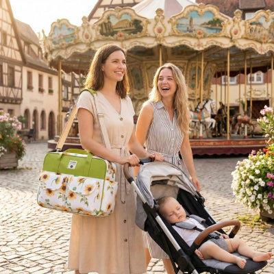 Maman sac a langer de luxe vert design fleur finitions soignées promenade village amie