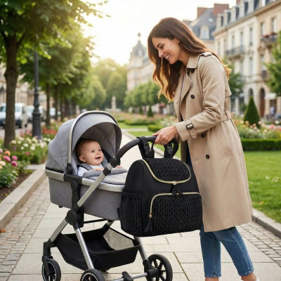 Maman sac a langer pour poussette noir matelasse fermeture glissière design promenade ville