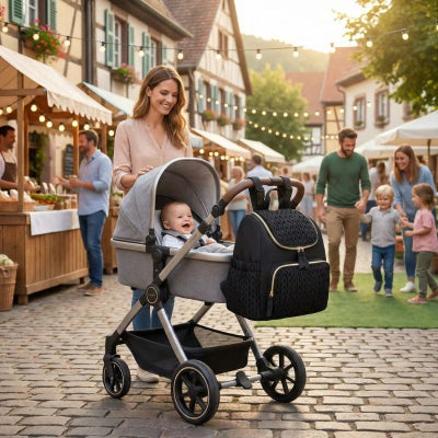 Maman sac a langer pour poussette noir matelassé finitions soignées elegantes promenade marché
