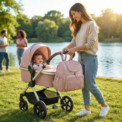 Maman sac à langer poussette rose design matelassé promenade parc