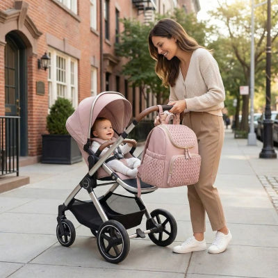 Maman sac à langer poussette rose matelassé grande poche confortables nounou ville