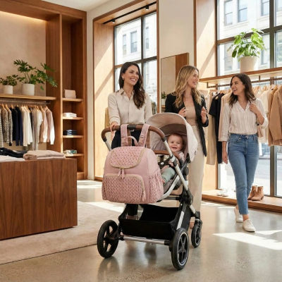 Maman sac à langer poussette rose matelassé tissu nylon léger magasin ville amies