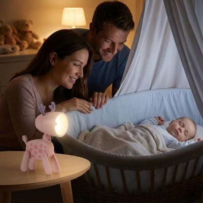 Bébé landau veilleuse bebe cerf design rose a pois decoration  interieure chambre parent