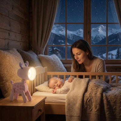 Bébé lit veilleuse bebe cerf design rose a pois relaxante chalet montagne maman