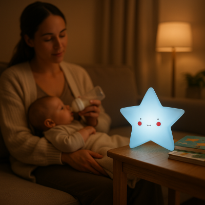 Bébé prend biberon bras maman éclairé veilleuse bebe etoile bleu attendrissante