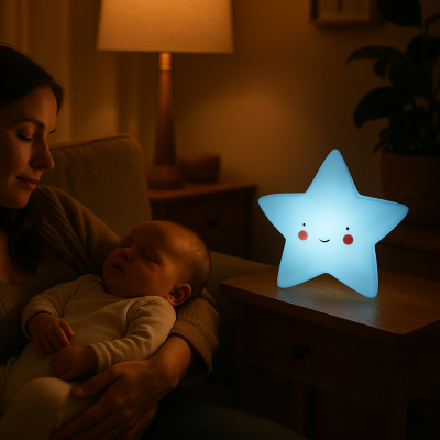 Bébé dort bras maman éclairé veilleuse bebe etoile bleu batterie-longue-duree 