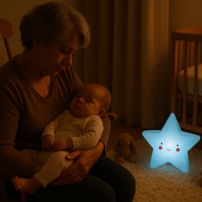 Bébé dort bras grand-mère éclairé veilleuse bebe etoile bleu décoration