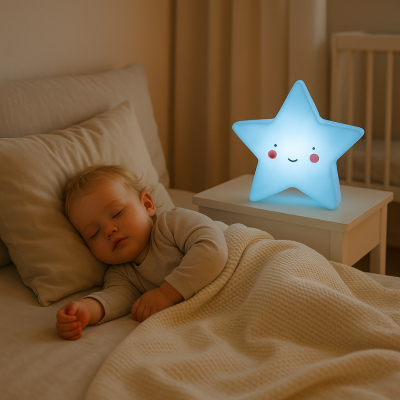 Bébé dort lit éclairé veilleuse bebe etoile bleu design