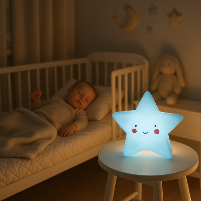 Bébé dort lit éclairé veilleuse bebe etoile bleu relaxante