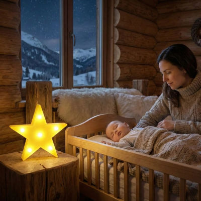 Bébé endormi avec veilleuse bebe etoile couleur jaune design enchante bienveillante douce chalet montagne