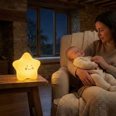 Bébé endormi avec veilleuse bebe etoile design dessin anime douce lumiere chalet campagne