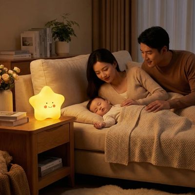 Bébé endormi avec veilleuse bebe etoile design dessin anime reconfortante chambre parents