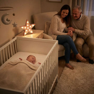 Bébé endormi avec veilleuse bebe etoile design étoile rose nomade appartement grand-père