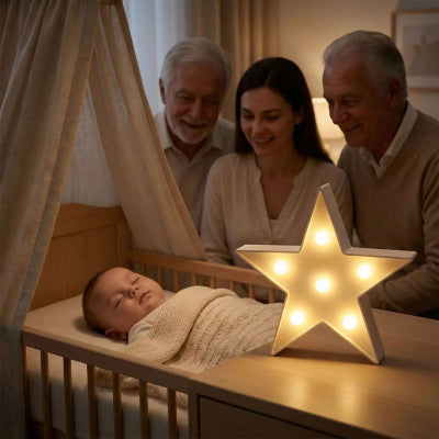 Bébé endormi veilleuse bebe etoile design jaune étincelante douce chaleureuse apaisante appartement amis