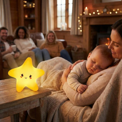 Bébé dort bras maman veilleuse bebe etoile design jaune visage flexible amis chalet campagne