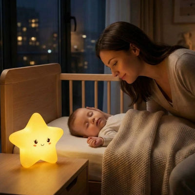 Bébé dort chambre veilleuse bebe etoile design jaune visage reglage luminosite apaisante