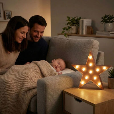 Bébé endormi avec veilleuse bebe etoile design rose tranquilisante unique appartement