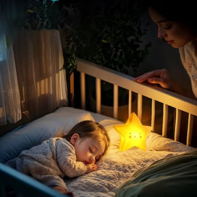 Bébé endormi avec veilleuse bebe etoile design souriant reconfortante douce chambre