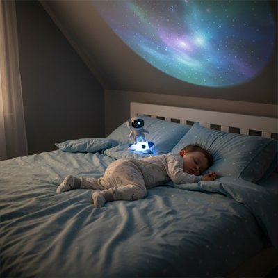 Bébé dort chambre bercé par veilleuse bébé projection plafond galaxie musique apaisante