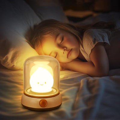 Jeune-fille-dormant-paisiblement-dans-son-lit-dont-le-visage-est-éclairé-par-sa-veilleuse-bébé-style-rétro-à-lumière-douce-et-batterie-rechargeable
