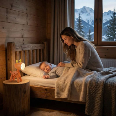 Maman regard bébé dormir éclairé veilleuse cerf design orange ampoules led chambre chalet 