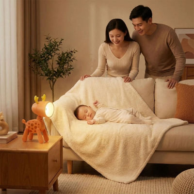 Bébé dort éclairé veilleuse cerf design orange chaleureuse salon appartement amis