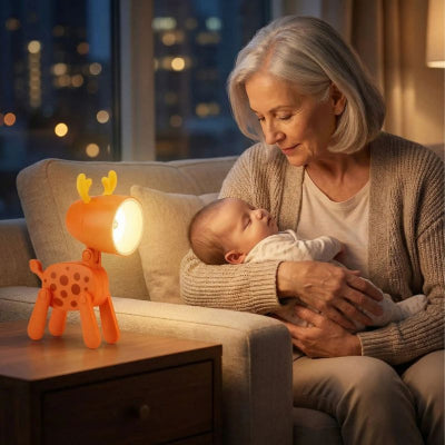 Bébé dort bras grand-mère veilleuse-cerf design orange douce salon appartement ville