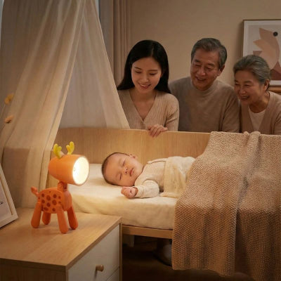 Bébé dort éclairé veilleuse cerf design orange léger chambre grands-parents