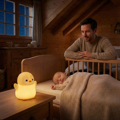 Bébé dort veilleuse chambre bébé design pingouin mignon ludique agréable chalet montagne