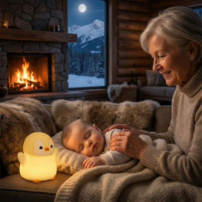 Bébé dort veilleuse chambre bébé design pingouin mignon relaxante chaleureuse chalet montagne grand-mère