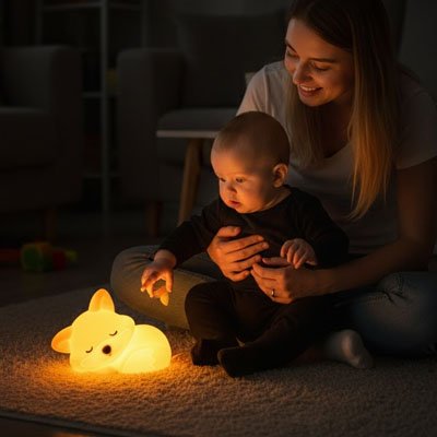 Bébé regarde fixement veilleuse chambre bebe design renard reconfortant-adorable