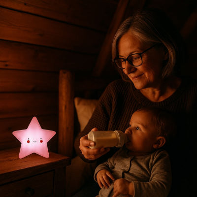 Bébé prend biberon bras grand-mère éclairé veilleuse etoile bebe rose relaxante