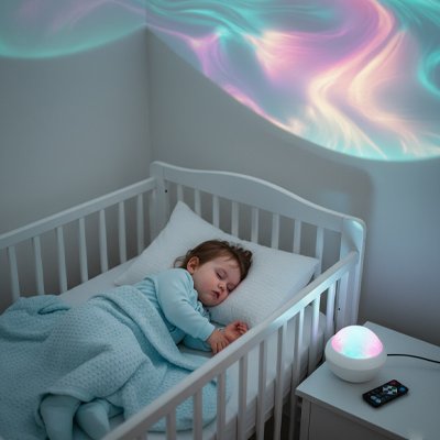 Bébé dort lit chambre éclairée veilleuse projecteur bébé chambre relaxante tamisée