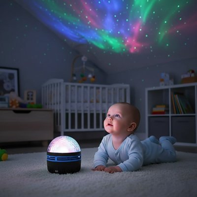 Bébé allongé chambre admiratif veilleuse projecteur bébé ciel étoilé coloré apaisant