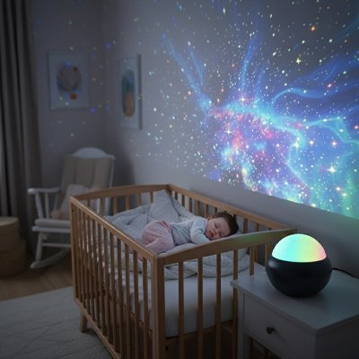 Bébé dort lit chambre éclairée veilleuse projecteur bébé rituel coucher galaxie